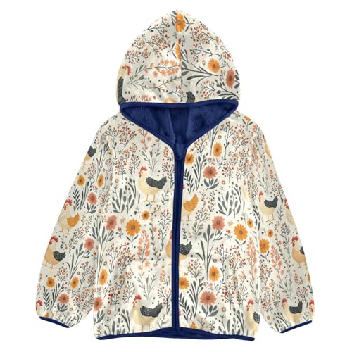 Floral Cute Hen Toddler Fleece Jacket Girl Boys Hooded Fleece Jacket Coat Warm Outwear Zip-up 3-10T