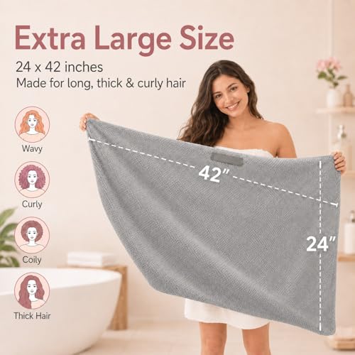Image of Large Hair Towel Wrap for Women, Quick-Dry Turban, Ultra Absorbent & Anti-Frizz, Ideal for Long, Thick & Curly Hair, Soft Lightweight Microfiber Drying Towel (24x42, Grey)