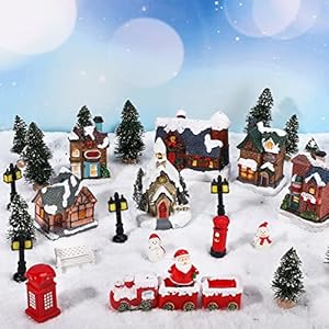 30 Pcs Christmas Village Sets Christmas Village Houses LED Holiday Time Village Figurines Christmas Village Collection…