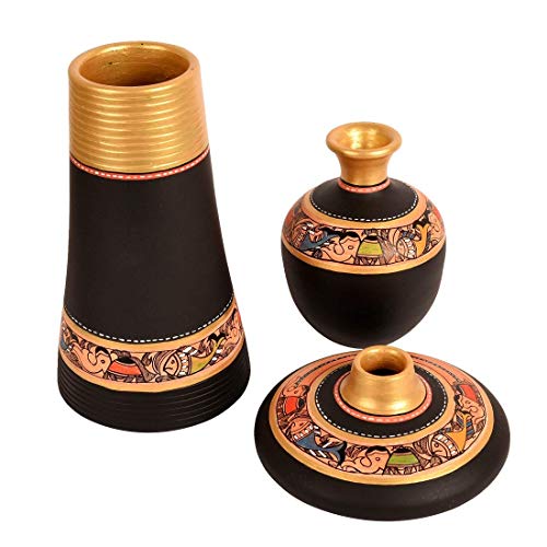 Image of Aakriti Art Creations Vase Earthen Black Madhubani Set of 3 | Handmade Terracotta Flower Vases | Matte Finish Madhubani Art Decorative Vases for Living Room, Table Decor & Gifting