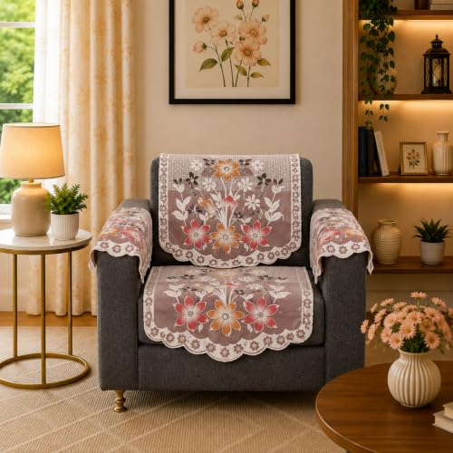 Image of STITCHNEST Gulnaar Beige 10 Piece Cotton Net Sofa Slip Cover |5 Seater