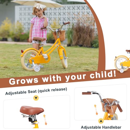 Image of Glerc Little Molly 12-20 Inch Kids Retro Cruiser Bike for 2-13 Year Old with Wicker Basket & Training Wheels /Kickstand, Multiple Colors