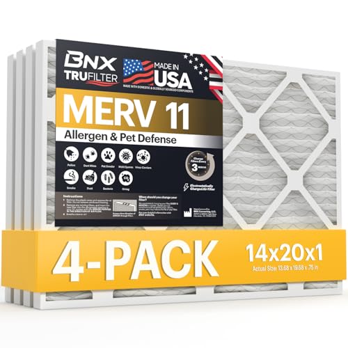 Image of BNX 14x20x1 MERV 11 Air Filter 4 Pack - MADE IN USA - Electrostatic Pleated Air Conditioner HVAC AC Furnace Filters - Removes Dust, Mold, Pollen, Lint, Pet Dander, Smoke, Smog