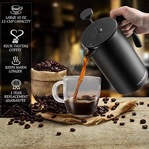 Belwares Large French Press Coffee Maker with Extra Filters for a Richer and Fuller Coffee Flavor, Designed with Double Wall Black Stainless Steel (50oz) Perfect Gift Idea
