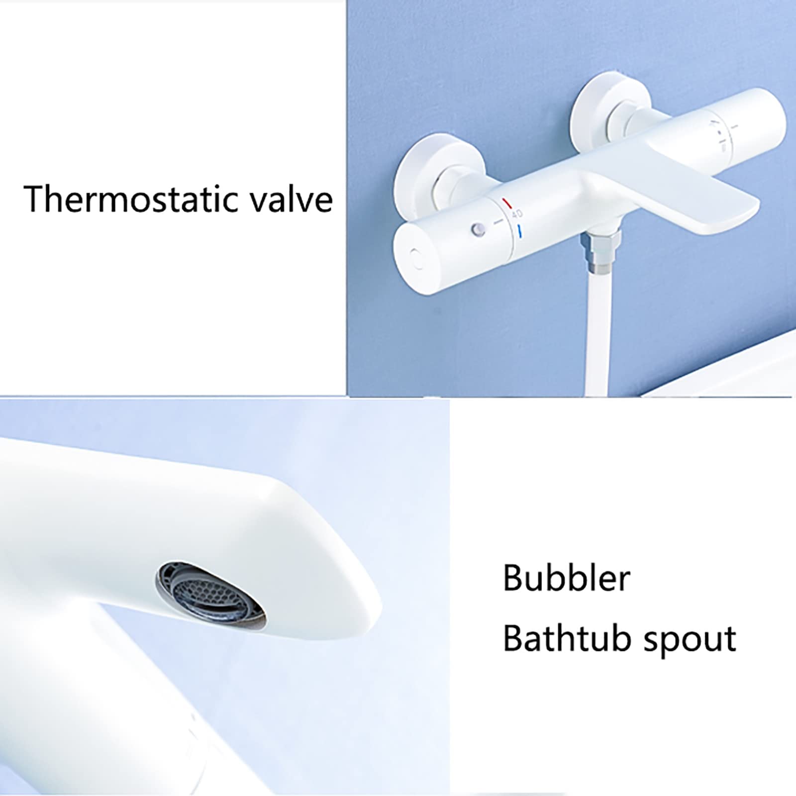 Termostatico Rubinetto per Vasca da Bagno con 3 Funzioni Doccetta, Bianco Rubinetto Miscelatore Vasca da Bagno Ottone Montaggio a Parete Rubinetto Vasca con Asta di Sollevamento