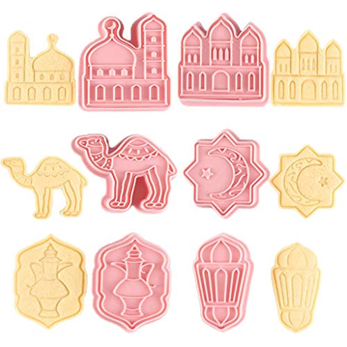 6Pcs Islamic Ramadan Cookie Cutters Eid Mubarak Cookie Cutters Plastic Biscuit Press Stamp Molds for Eid Mubarak Decor Muslim Party Supplies