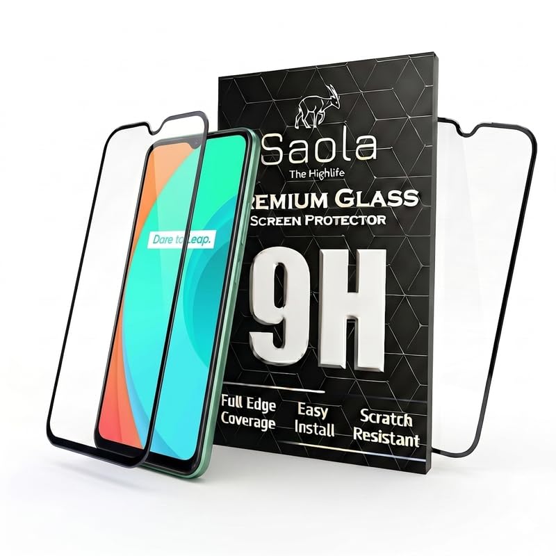Image of Saola HD+ Oleophobic Tempered Glass Screen Protector For Realme C11 (Pack Of 2) with Free Installation Kit. Full screen Coverage - 6.5 inch