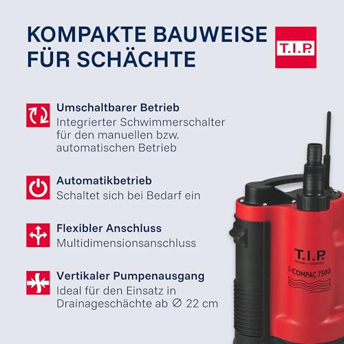 T.I.P. Drainage-Tauchpumpe I-Compac 7500 Kunststoff mit Schwimmerschalter für Schmutzwasser 400W Rot, 30190