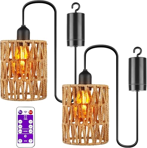 Lámparas colgantes LED de ratán, 2 piezas, estilo boho, a pilas con mando a distancia, para interior y exterior, iluminación decorativa para jardín, terraza, salón