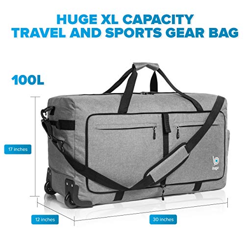 Wheeled Duffle Bag Luggage - 100L Large Rolling Duffel Bag 30 inch Folding Duffle Bag For Travel - Packable Duffle Bag With Rollers (Snow Gray)