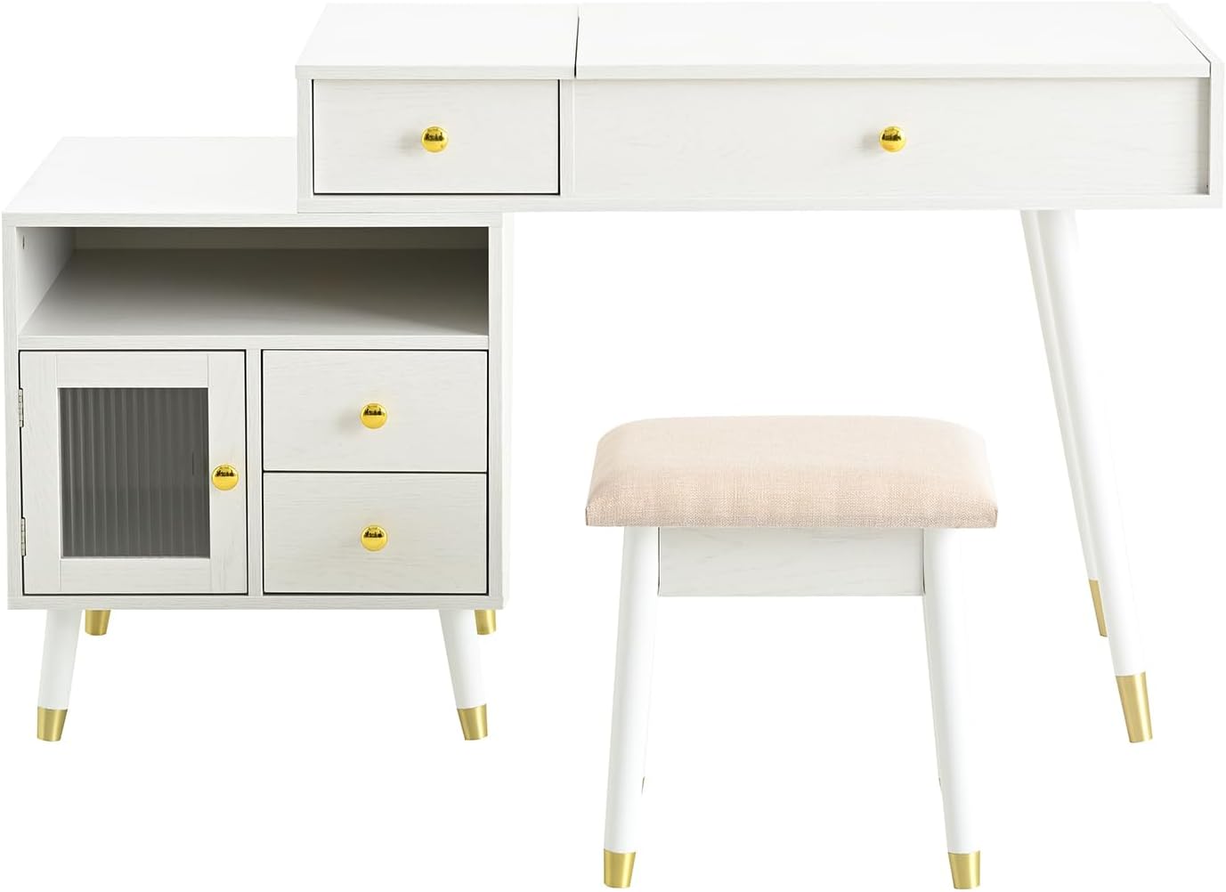 Merax vanity desk with the side cabinet extended, showing its full width and storage options.