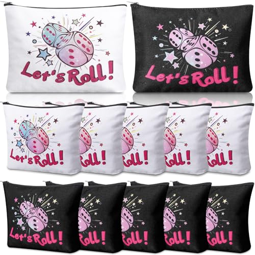 12 Pcs Bunco Gifts for Women Bunco Makeup Bags Let's Roll Dice Game Makeup Bags Casino Lover Gifts Travel Zipper Pouch Dice Game Present Birthday Present for Women Players
