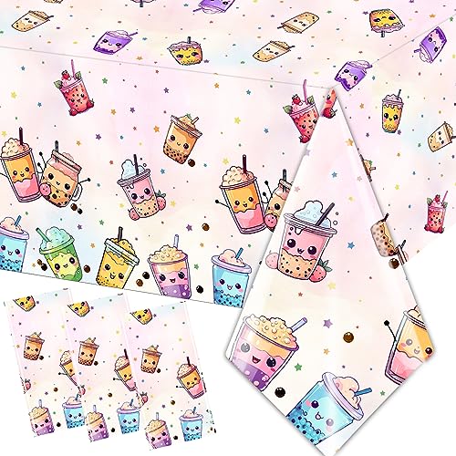 Image of Boba Tea Party Decorations,3pcs Bubble Tea Birthday Tablecloths Waterproof Plastic Boba Table Covers for Boba Party Decorations
