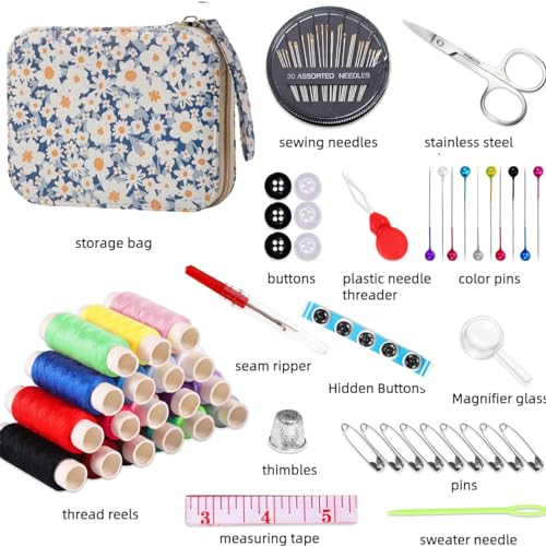 Daisy Sewing Kit Printing Sewing Kit,Professional Sewing Supplies for Adults, Zipper Sewing Needles Set, 87 PCS Travel Sewing Accessory for Emergency, Home