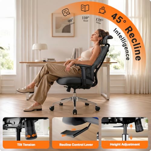 Image of Big & Tall Ergonomic Office Chair with Lumbar Support | Breathable Mesh Back, 135 Recline, 360 Swivel, Sliding Seat, 2D Removable Headrest, 4D Armrest for Home Office & Gaming