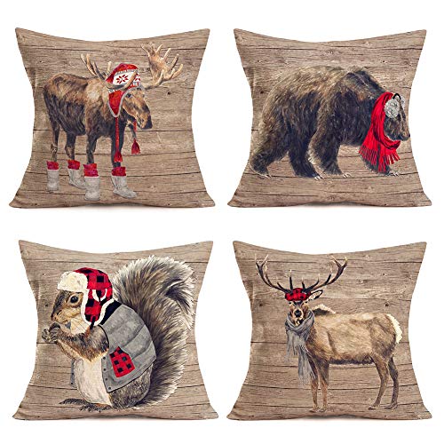 Hopyeer 4Set Vintage Wood Grain Christmas Wild Animals Theme Throw Pillow Covers Cotton Linen Decor Merry Xmas Elk Brown Bear Squirrel Reindeer Red Buffalo Plaid Home Pillowcase 18"X18" (Vw-Animals) #TOP4