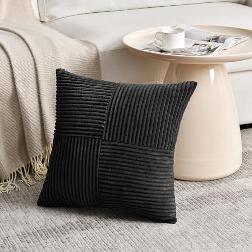 Image of Fancy Homi 2 Packs Black Samll Decorative Throw Pillow Covers 14x14 Inch with for Couch Bed Sofa, Rustic Farmhouse Boho Home Decor, Soft Corss Patchwork Corduroy Square Cushion Case 35x35 cm