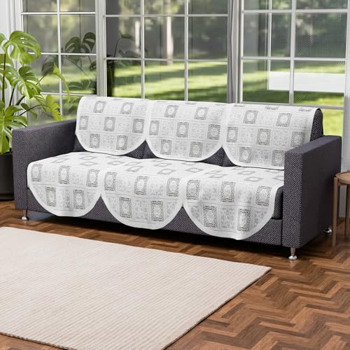 Image of Kuber Industries (Set of 10) Stylish & Durable Cotton Sofa Covers 5 Seater | Washable Sofa Protector /Mat & Slipcover for Hall, Living Room & Office | Square Flower - White