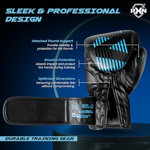 Image of RXN Terra Boxing Gloves, Pro Training & Sparring (Black /Blue, 14oz) | High-Density Foam Padding | Shock Absorption | Attached Thumb | Enhanced Hand Protection