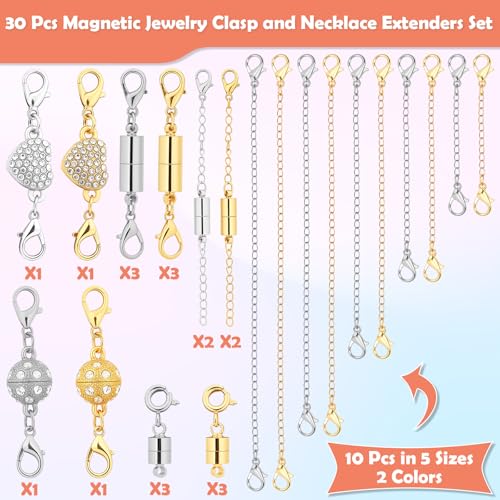 Image of ROADPLUM 30 Pcs Magnetic Necklace Clasp & Extender Chain Set, 5 Styles Strong Magnetic Jewelry Clasp with 5 Sizes Extender for Necklaces Bracelet Connector, Easy to Use for Women, Gold & Silver