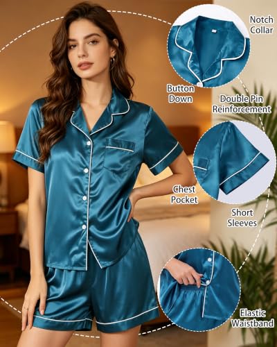 Image of 3 Piece Silk Satin Pajama Set for Women Soft Short Sleeve Button Down Pjs with Shorts Long Pants Sleepwear S-XXXL