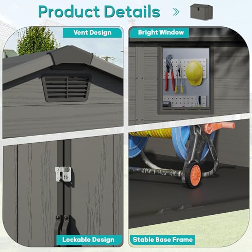 Image of Greesum 6x10FT Plastic Storage Shed with Floor, Resin Outdoor Storaged Sheds with Lockable Double Door, Window and Vents, All-Weather Tool Sheds for Garden, Patio, Backyard, Dark Gray