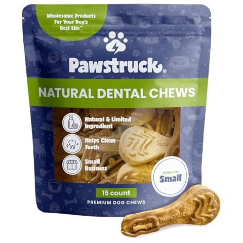 Pawstruck Natural Dental Chews for Small Medium Dogs & Puppies - Vet Recommended Brush Stick Treats Made in USA Breath Freshener to Improve Oral Hygiene & Clean Teeth - 15 Count - Packaging May Vary Cover