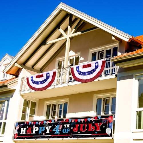 Image of Tiamon 3 Pcs Patriotic Decorations 4th of July Banner with Bunting Fan Flags Red White and Blue Pleated Half Fan Banner American Flag Backdrop for Independence Memorial Day Party Supplies Outdoor