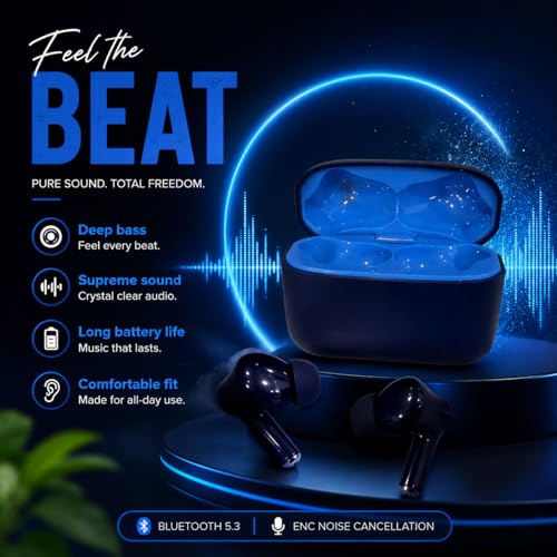 Image of Pods Black Gold Edition Bluetooth 5.3 Wireless Earbuds with ENC Noise Cancellation, 10mm Drivers, 30+ Hours Playtime, Smart Touch Control, Type-C Fast Charging, Deep Bass TWS Earphones (Blue)