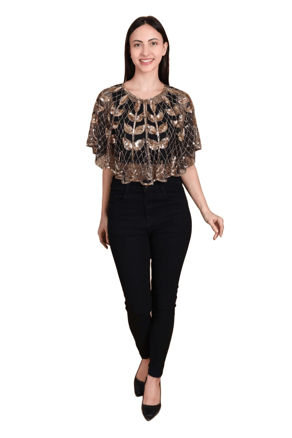 Women’s Sequin Embellished Cape Top – Sheer Mesh Poncho Blouse for Parties, Festive Events | Lightweight Sparkle Cover-Up Poncho | Elegant Gold & Black Glitter Cape Style Top.-picture-36