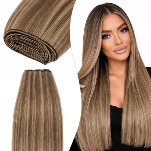 Elailite Extensiones Cortina Pelo Natural 100g 40cm Cabello Humano Brasileño sin Clip 1 Pieza #4P27 Marrón Medio Mecha Rubio Oscuro