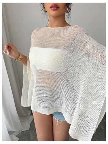 Women's See Through Knit Poncho Shawl 3/4 Sleeve Split Asymmetrical Shrug Sweater Cover Up3