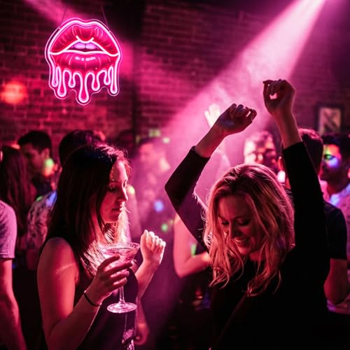 Image of Dripping Lips Neon Sign for Wall Decor, Pink LED Lip Light for Bedroom, Game Room, Bar, Aesthetic Sexy Lip Artwork, USB Powered Dimmable Neon Wall Light