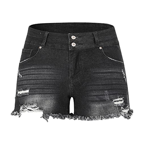 Image of THUNDER STAR Women Mid Rise Ripped Stretchy Jeans Shorts Frayed Raw Hem Casual Denim Shorts
