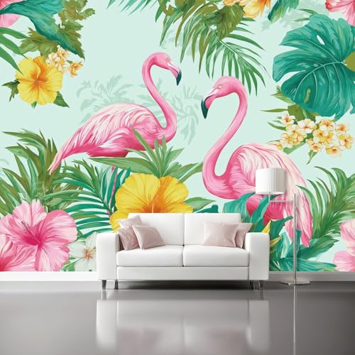 Murales Salon Papel Pintado 300 x 210 cm - Tropical Flamencos Plantas Papel Pintado Mural No Tejido para Dormitorio, Fotográfico Decorativos de Paredes Verde Murales