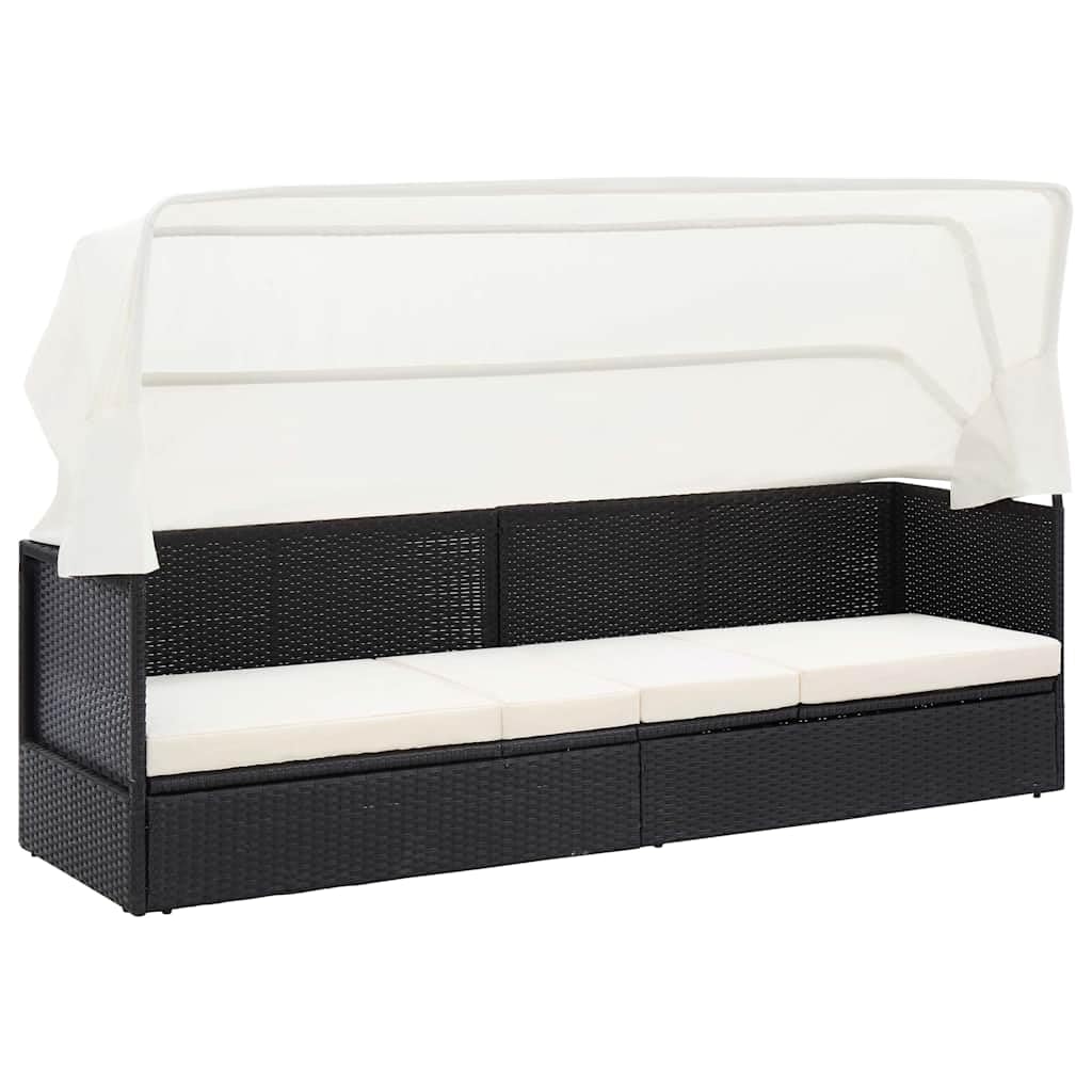 Divano da giardino in rattan sintetico con tettuccio parasole, nero, con telaio in acciaio verniciato a polvere, cuscino spesso rimovibile e tettuccio pieghevole, per giardino, terrazza, piscina