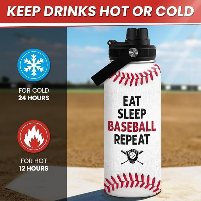 Miniatura 3 de Botella de agua de béisbol de 32 onzas, botellas deportivas aisladas de acero inoxidable con tapa, regalo de béisbol para hombres, jugadores,