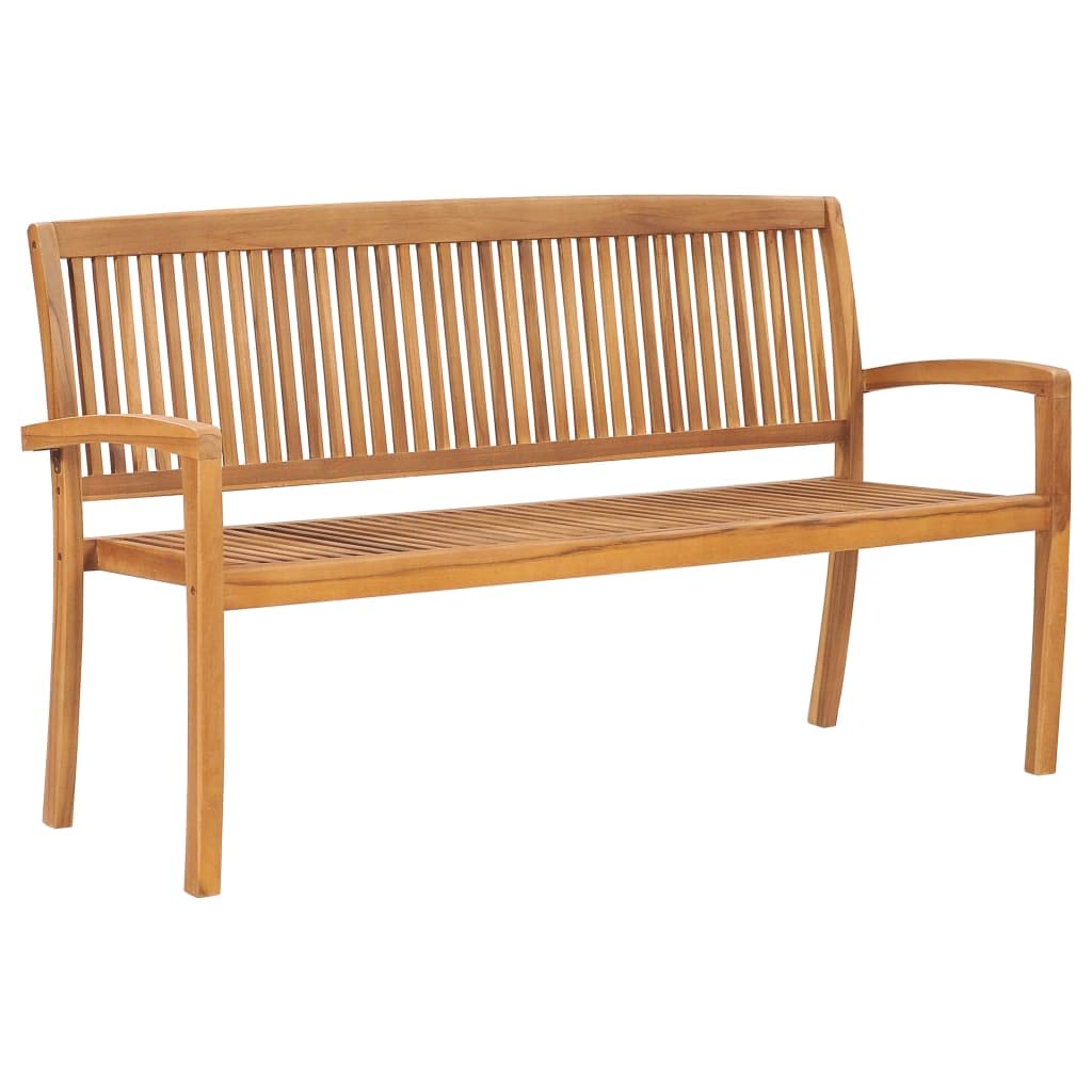 Banco de jardín apilable de 159 cm de madera maciza de teca con cojín acolchado de 3 cm, material robusto para uso en exteriores, aspecto de madera moderna, ahorra espacio para balcón, terraza