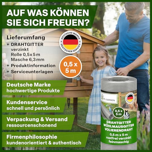 TTL GARDEN 50cm x 5m Drahtgitter feinmaschig rostfrei verzinkt 6,3mm Masche 0,55 mm Draht Stärke - auf Rolle Maschendraht Volierendraht Hasendraht Wühlmausgitter 5m x 0,5m breit 6,3 mm Maschenweite