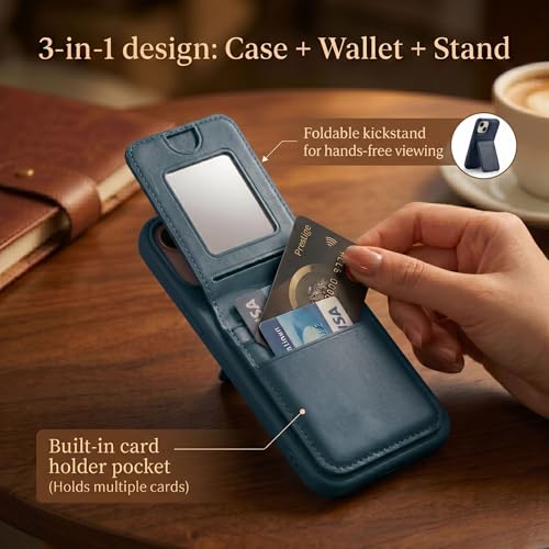 Image of amazon basics Premium Vegan Leather Back Cover with Card Holder and Integrated Mobile Stand for iPhone 15 - Slim Shockproof Wallet Case with Geometric Stitching [Blue]