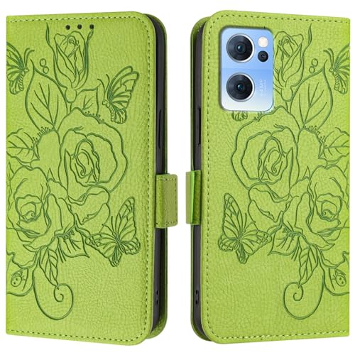 Étui Reno 7 5G et Find X5 Lite Coque Protection Portefeuille en Cuir PU Vert avec Dragonne