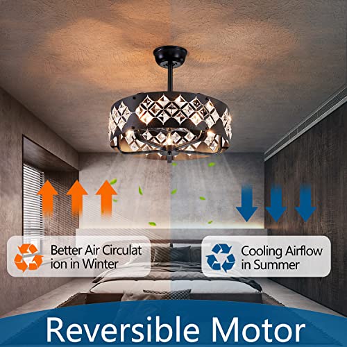 Dalouguan Caged Ceiling Fan With Light, 20" Black Crystal Enclosed Ceiling Fan With Lights And Remote, Industrial Bladeless Ceiling Fan For Living Room Bedroom Kitchen #TOP1