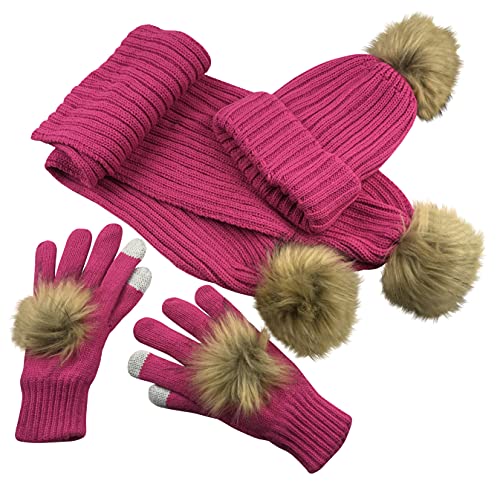 N'Ice Caps Girls Gloves Hat Scarf Winter Kids 3 Piece Set Cable Knit Warm Sherpa Lined