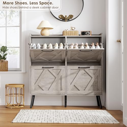 Image of Nicetree Shoe Cabinet with 4 Flip Drawers, Freestanding Shoe Organizer Cabinet, Farmhouse Narrow Shoe Storage Cabinet for Entryway, Foyer, Hallway