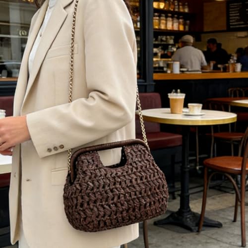 Image of Women Straw Drawstring Bucket Purse Small Tote Shoulder Handbag Hollow Out Cross-body Bag for Summer,Beach | Straw