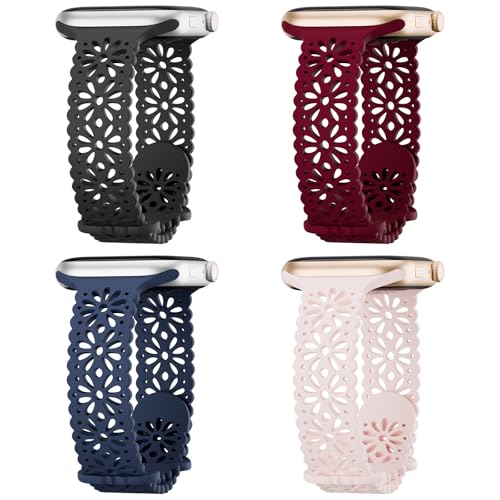 Image of 4 Pack Slim Lace Silicone Bands Compatible for Apple Watch 38mm 40mm 41mm 42mm 44mm 45mm 46mm 49mm, Thin Hollow-out Floral Breathable Strap for iWatch Series 11 /10 /9 /8 /7 /6 /5 /4 /3 /2 /1Ultra SE Women Men