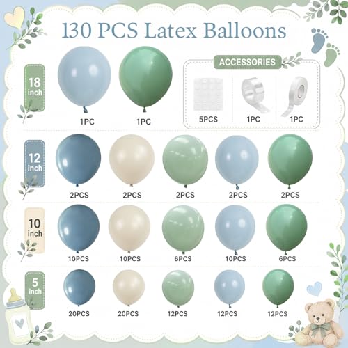 Image of Dusty Blue Sage Green Balloon Garland Arch Kit, 130 Pcs Fog Blue Light Blue Green Sand White Balloons for Baby Shower Bridal Shower Anniversary Birthday Boho Wedding Jungle Safari Party Decorations