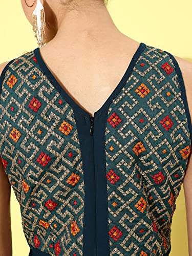 Image of Miss Chase Women's Multicolored-Base-Teal Round Neck Sleeveless Embroidered Regular Jumpsuit