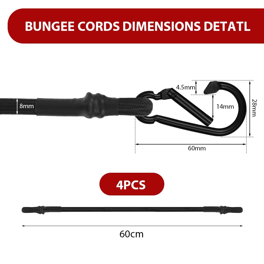 Adiwo Bungee Cords with Carabiner Clips, 4 Pack 60cm/24Inch Black Extra Strong Bungee Straps with Hooks - Image 2