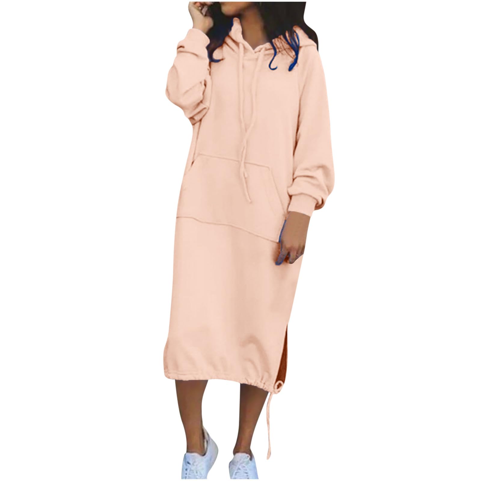 Women Casual Hoodies Long Sleeve Split Hem Drawstring Hooded Long Maxi Sweatshirt Dress with Pockets 2024 Fall Fashion